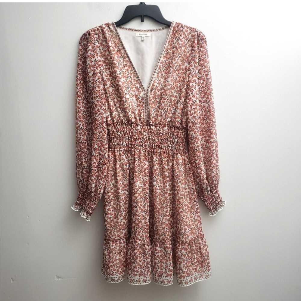 Max Studio Dress MED Pink White Floral V-neck Long Sleeves Shirring Waist Ruffle